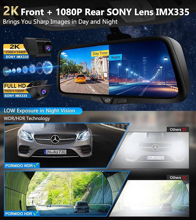 PORMIDO OEM 2K Rear View Mirror Camera,10" Mirror Dash Cam with Detached Front Backup Camera, Smart Full Touchscreen Rearview WDR Dashcam with Built-in GPS,64GB Card,Parking Monitor,Night Vision