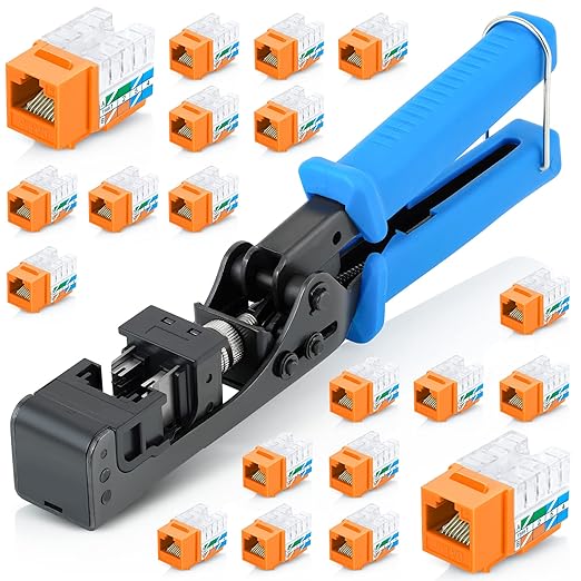 Everest easyJACK - 90° Angled Speed Termination Keystone Tool Set - with 20-Pack of RJ45 Cat6 Keystone Jacks in Orange (Slim Profile Design) - Time Saver Network Punch Down Tool Cat6