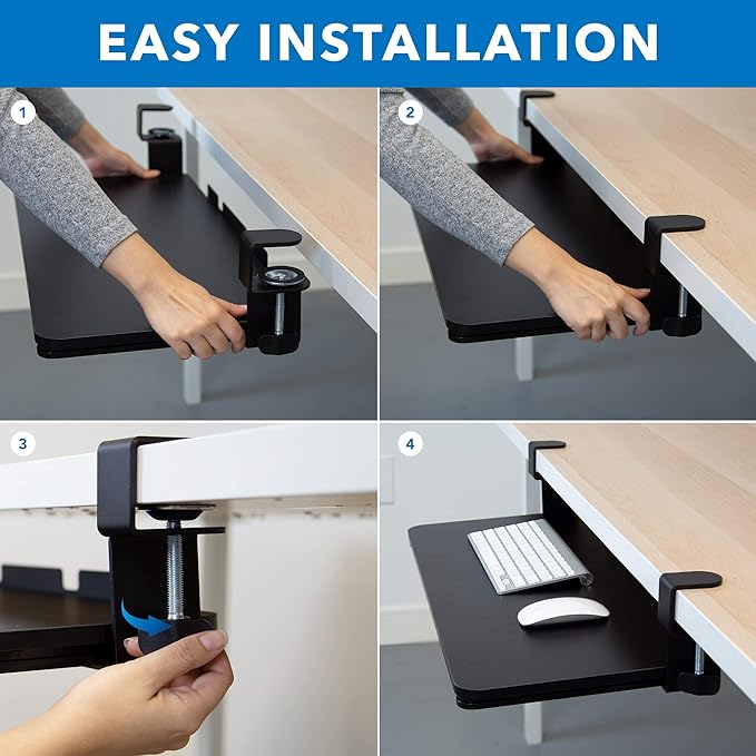 Mount-It! Under-Desk Keyboard Tray, Slide-Out Clamp-On Keyboard and Mouse Drawer, 26.4" W x 11.8" D Ergonomic Retractable Platform for Typing, No-Drill Installation, Black