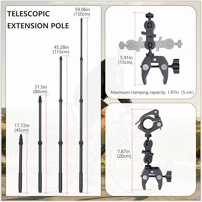 Motorcycle Camera Mount for Insta 360 x5,Adjustable GoPro Bike Extension Pole Kit Compatible with Insta360, GoPro, and DJI Cameras - Designed for Bike and Motorcycle Riding Shots