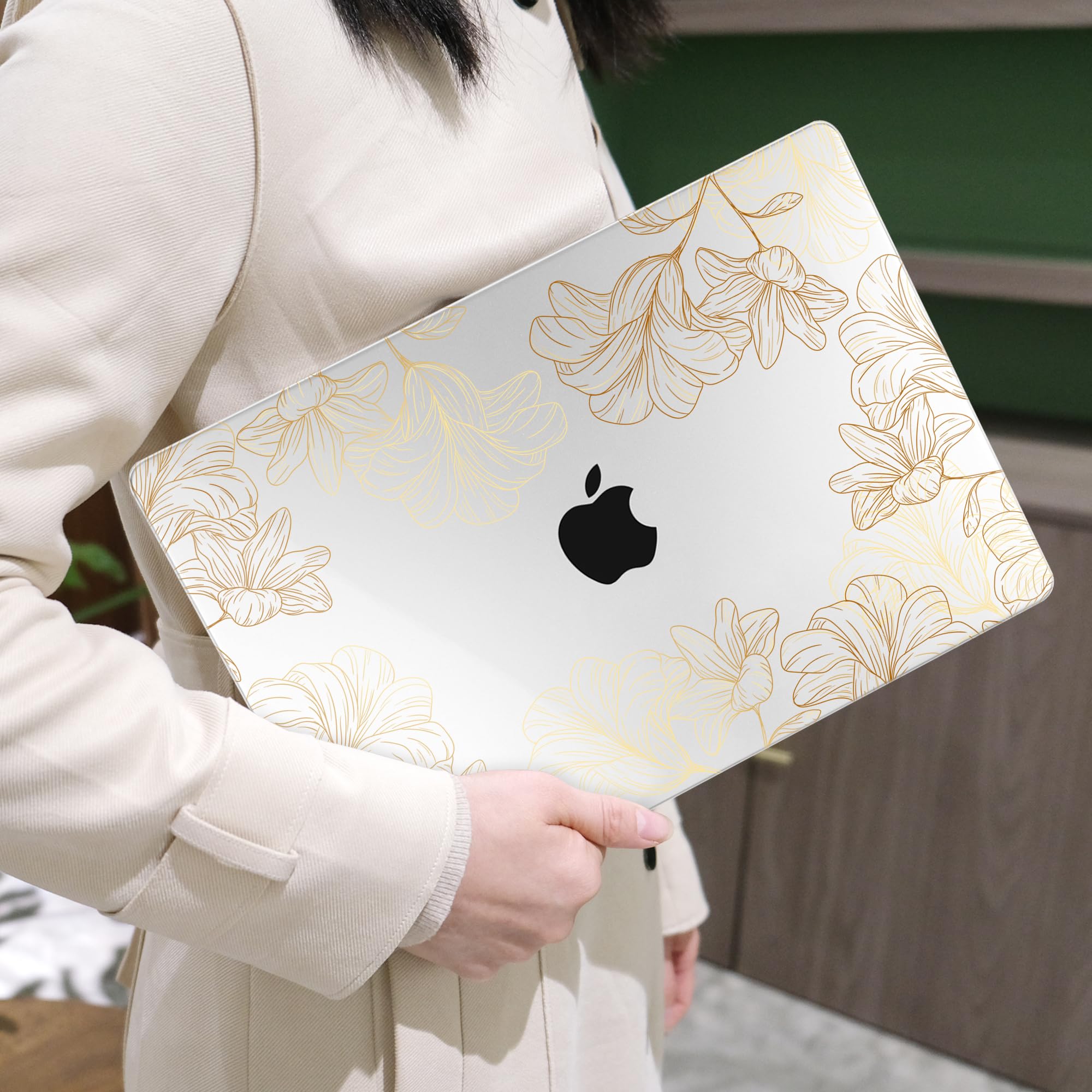 MEEgoodo for M5/M4/M3/M2 MacBook Air 15 inch Case 2026 2025 2024 2023, Case Fit Model (A3448/A3241/A3114/A2941) for MacBook Air 15.3 inch, Drawn Golden Floral