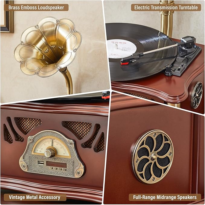 Vintage Gramophone with Bluetooth Output Vintage Record Players Retro Gramophone Turntables for 7" 9" 12" Vinyl Records 3 Speed, Hi-Fi, Handcrafted by Pure Oak (Walnut)