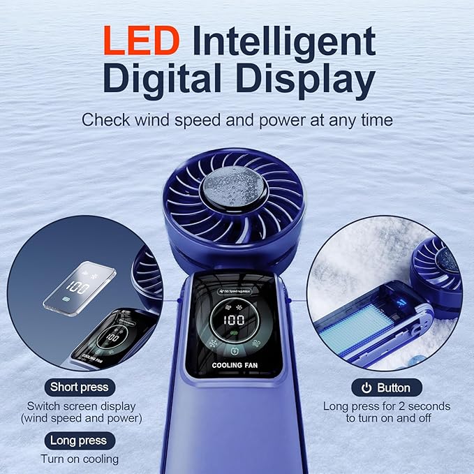 Blows Cold Air Portable Handheld Fan with Stand & Lanyard, 5000mAh USB-C Rechargeable Battery, 12H/5-Speed LED Display Mini Fan for Travel Beach Cruise Concerts Outdoor Events(Blue)