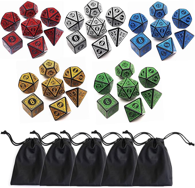 Polyhedral DND Dice Set, 5 Pack Dice Sets Fit for Dungeons and Dragons D&D RPG Games 7-Die Polyhedral Dice with Vintage Pattern 35 Pieces (5 Colors with White)