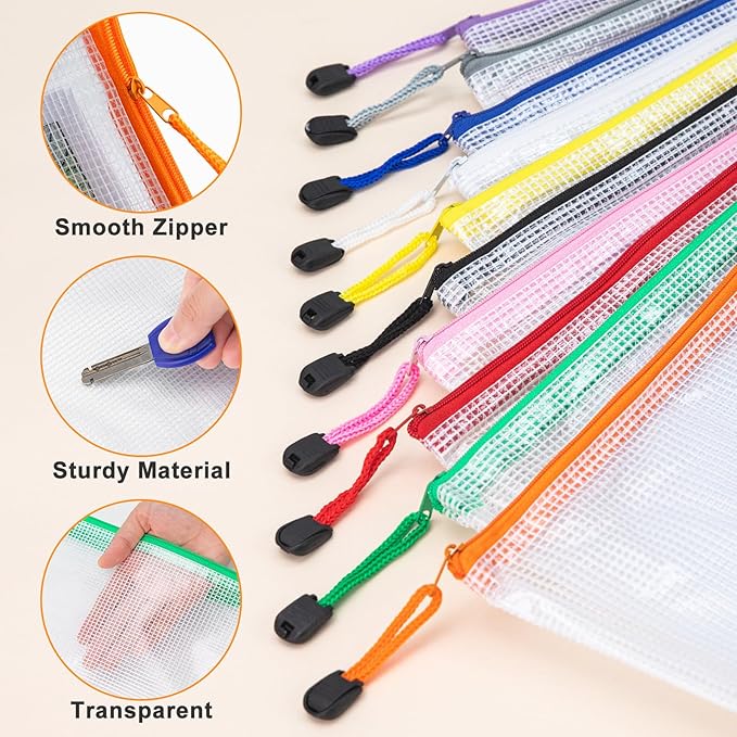24pcs Mesh Zipper Pouch File Bags, Large Puzzle Storage Bags, A3 17x12 Inch Reusable Classroom Pouches for Organizing, 8 Colors