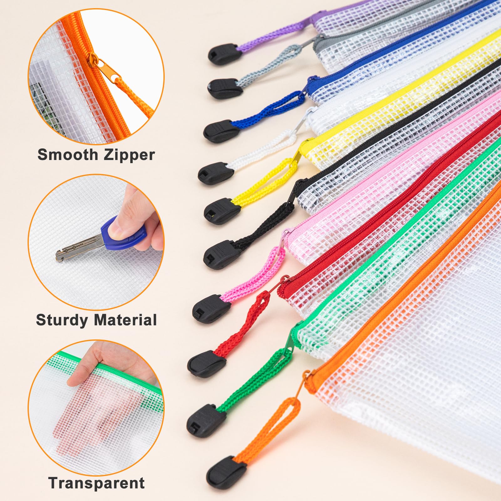 Aubeco 20Pack Mesh Zipper Pouch Bags, 9.4x4.9 Inch, 10 Colors
