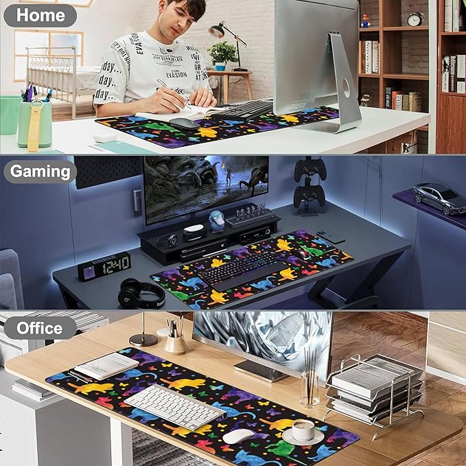 Colorful Cats and Butterflies Desk Mat,Large Watercolor Kittens Butterfly Gaming Keyboard Mouse Pad,Non-Slip Rubber Base Desk Pad Thick Stitched Edges Waterproof Mousepad Mouse Mat 31.5"x11.8"