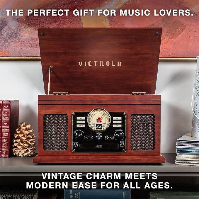Victrola The Quincy 6-in-1 Bluetooth Record Player & Multimedia Center with Built-in Speakers – 3-Speed Turntable, CD & Cassette Player, AM/FM Radio, Wireless Music Streaming (Farmhouse Shiplap Grey)