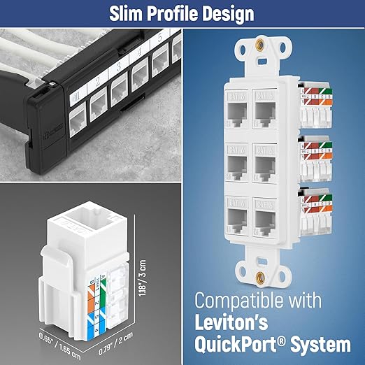 Everest 90° Angled RJ45 Cat6 Keystone Jacks 10-Pack in White - Slim Profile Female RJ45 Connectors - Cat 6 Keystone Jack - Compatible with 90° Angled Speed Termination Tool - easyJACK (B094WB91H3)