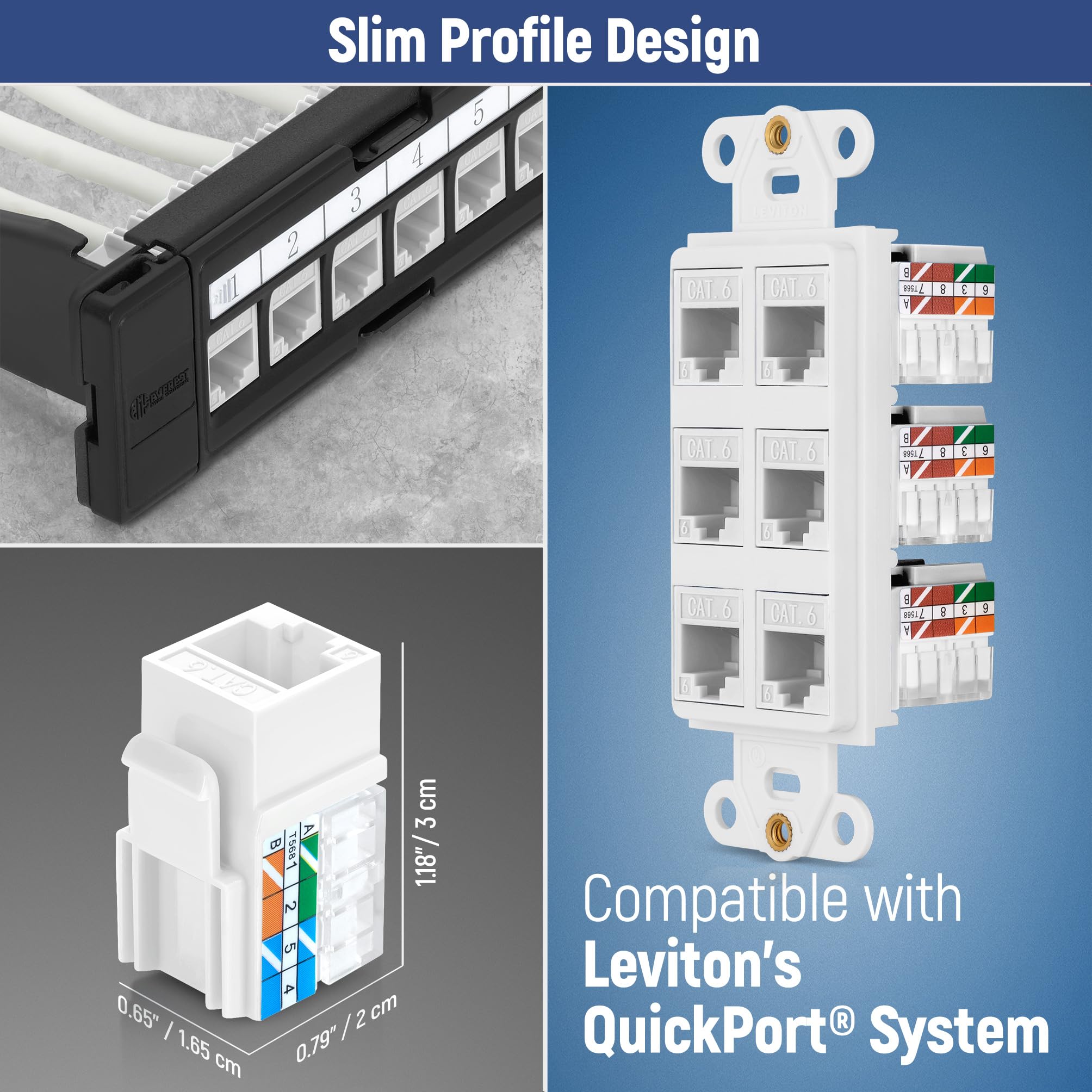 Everest 90 Degree RJ45 Cat6A Keystone Jacks Slim Profile 50-Pack White