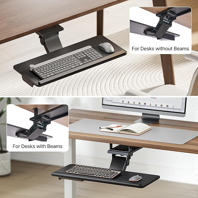 Keyboard Tray Under Desk with Storage Drawer, Height Adjustable Keyboard Tray Slide Out Swivel Tilt, Ergonomic Under Desk Mount Keyboard & Mouse Holder for Gaming Home Office, 25x11'', Black