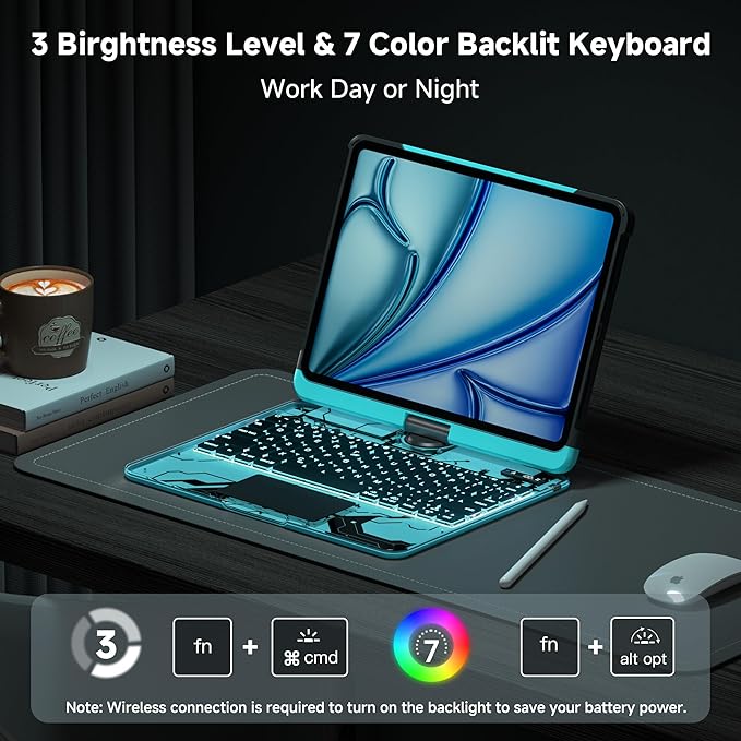 Keyboard Case for 12.9 inch iPad Pro 6/5/4/3rd Gen & 13 inch iPad Air (2025 M3, 2024 M2) Wireless Keyboard with Trackpad 7 Color Backlit, Transparent Protective Cover with Pencil Holder (Cyan)