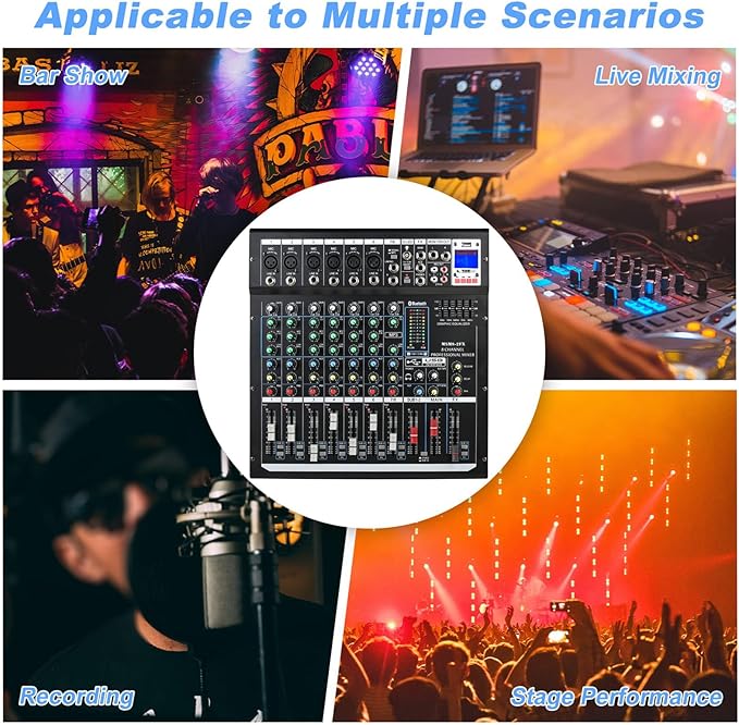 Dj Mixers 8 Channel Audio Mixer Sound Board with Bluetooth, Usb Audio Interface with 48V Phantom Power Sounds Mixer Board with FX Reverb Delay Effect for Streaming