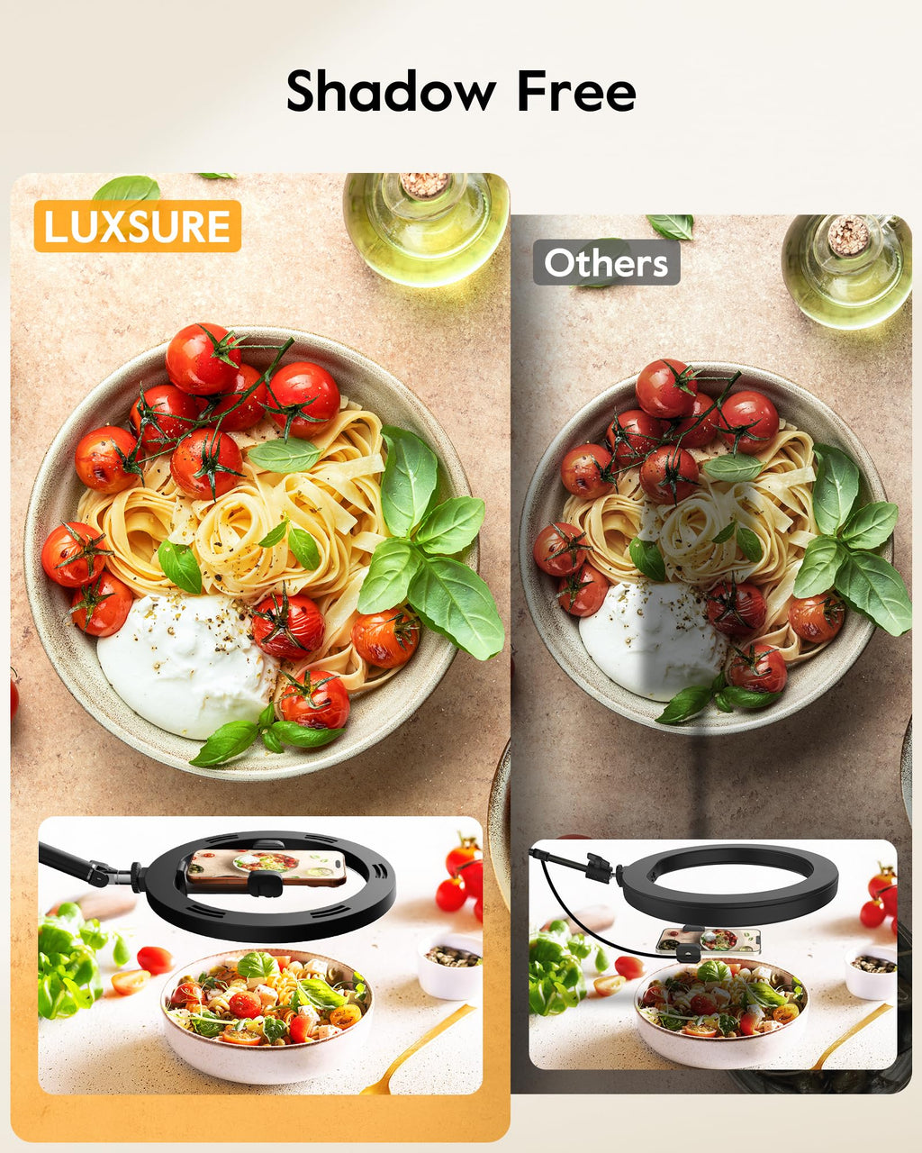 LUXSURE Ring Light with Stand for Desk,Adjustable Overhead Phone Mount with 10" Selfie Light Phone Tripod with Ring Light and Remote, Phone Stand with Light for Video Recording,Live Stream,Cooking