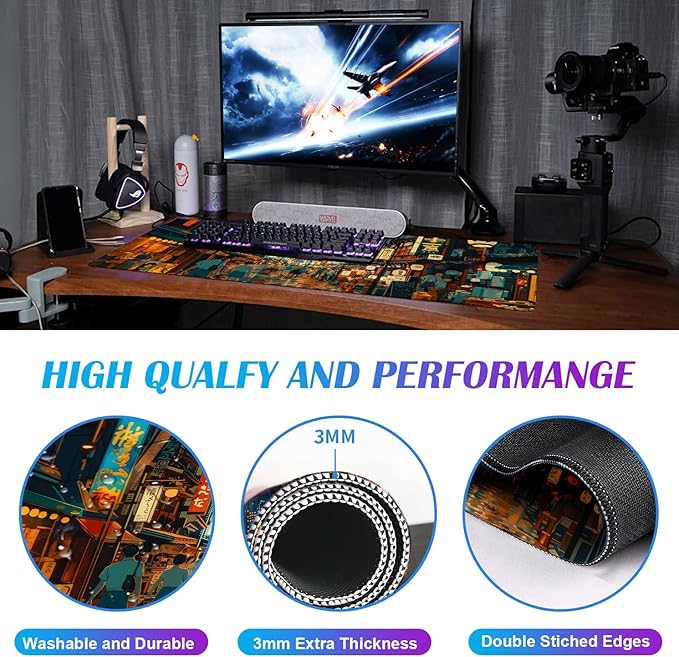 Cute Japanese Street Desk Mat, Anime Tokyo Street Night Scene Large Mouse Mat XXL, Computer Desk Mat 35.4 x 15.7 x 0.12 Inches