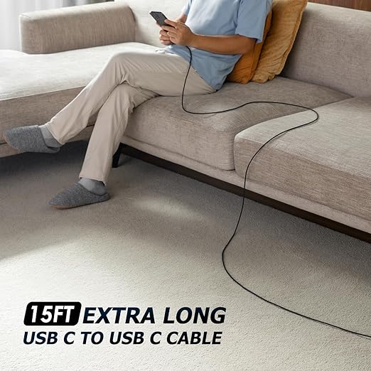 Extra Long USB C to USB C Cable 15FT 100W, USB C Charger Cable Fast Charging Cord Braided, Type C Cable for iPhone 16 15/15Plus/15Pro/Max, MacBook Pro/Air, iPad Pro/Air/Mini,Samsung,Pixel,Laptop
