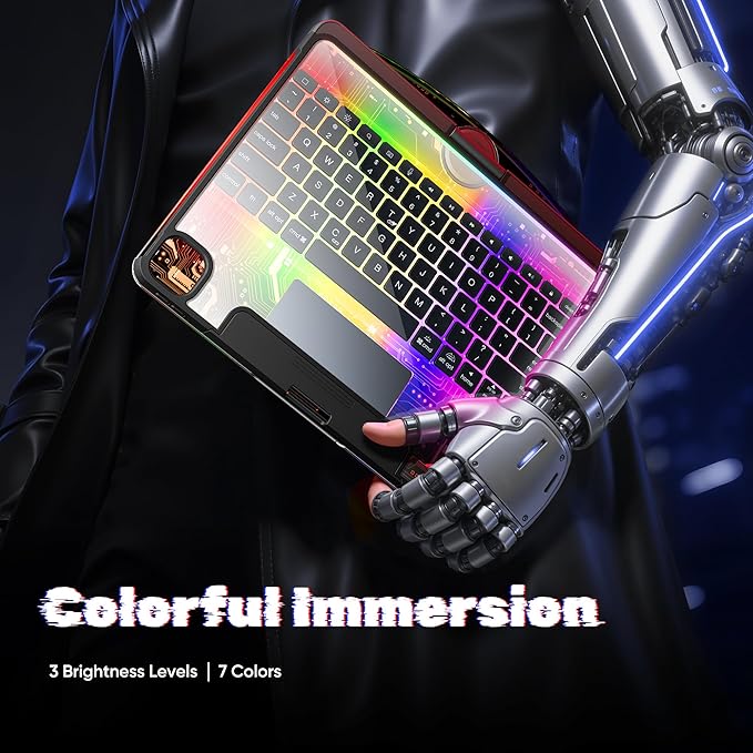 KITONE for iPad Air 11 Inch (M3/M2,2025/2024) Transperant Case with Wireless Keyboard, 7 Color Backlight, Trackpad, 360°Rotating Stand for 10.9" iPad Air 5th/4th, 11" iPad Pro 4/3/2/1 Case, Cyberpunk