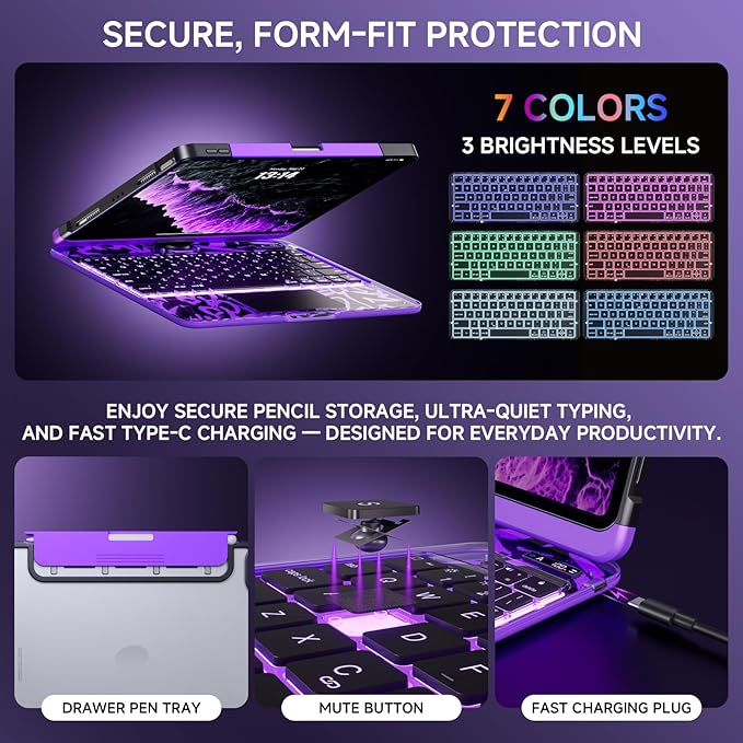Transparent Case with Keyboard iPad Air (M3/M2,2025/2024) 11 Inch,Compatible 10.9" iPad Air 5th/4th & 11" iPad Pro 4/3/2/1,7-Color Backlit,Wireless Keyboard, 360°Rotating,with trackpad,Purple