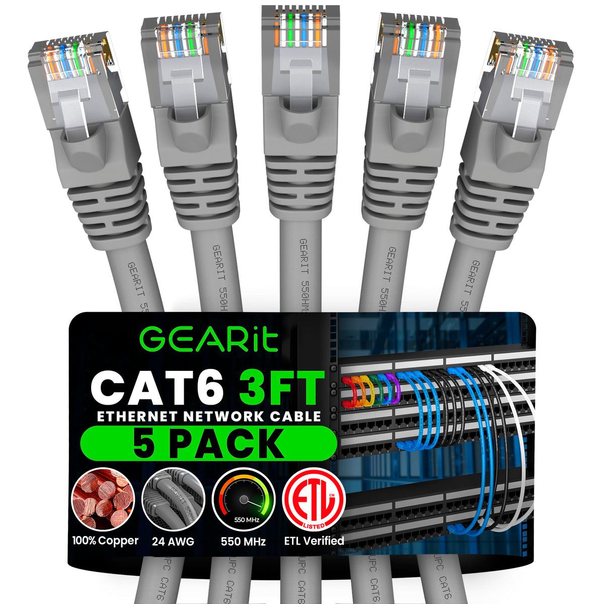 GEARit Cat6 Patch Cables Cat 6 Ethernet Cable 3 ft 5-Pack Black