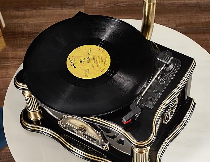 Vintage Gramophone with Bluetooth Output Vintage Record Players Retro Gramophone Turntables for 7" 9" 12" Vinyl Records 3 Speed, Hi-Fi, Handcrafted by Pure Oak (Black)
