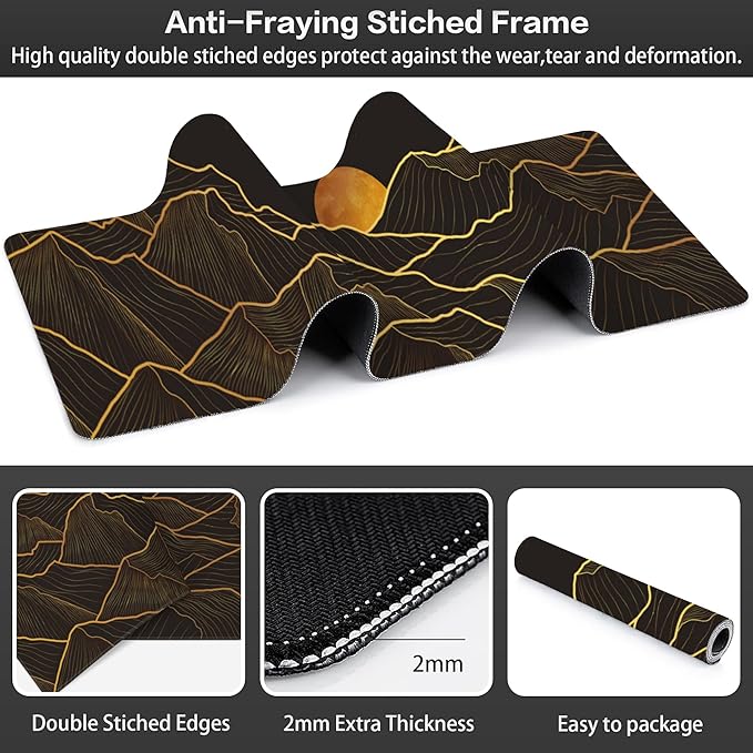 Golden Mountain and Moon Desk Mat,Large Luxury Gold Line Art Gaming Keyboard Mouse Pad,Non-Slip Rubber Base Desk Pad Thick Stitched Edges Waterproof Mousepad Mouse Mat 31.5"x11.8"