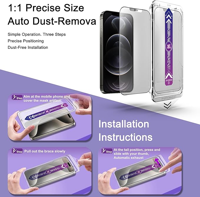2 Pack Matte Screen Protector for iPhone 12 Pro Max, 9H Tempered Glass, Full Coverage, Anti-Fingerprint, Auto Dust-Elimination, No Bubble, Easy Installation
