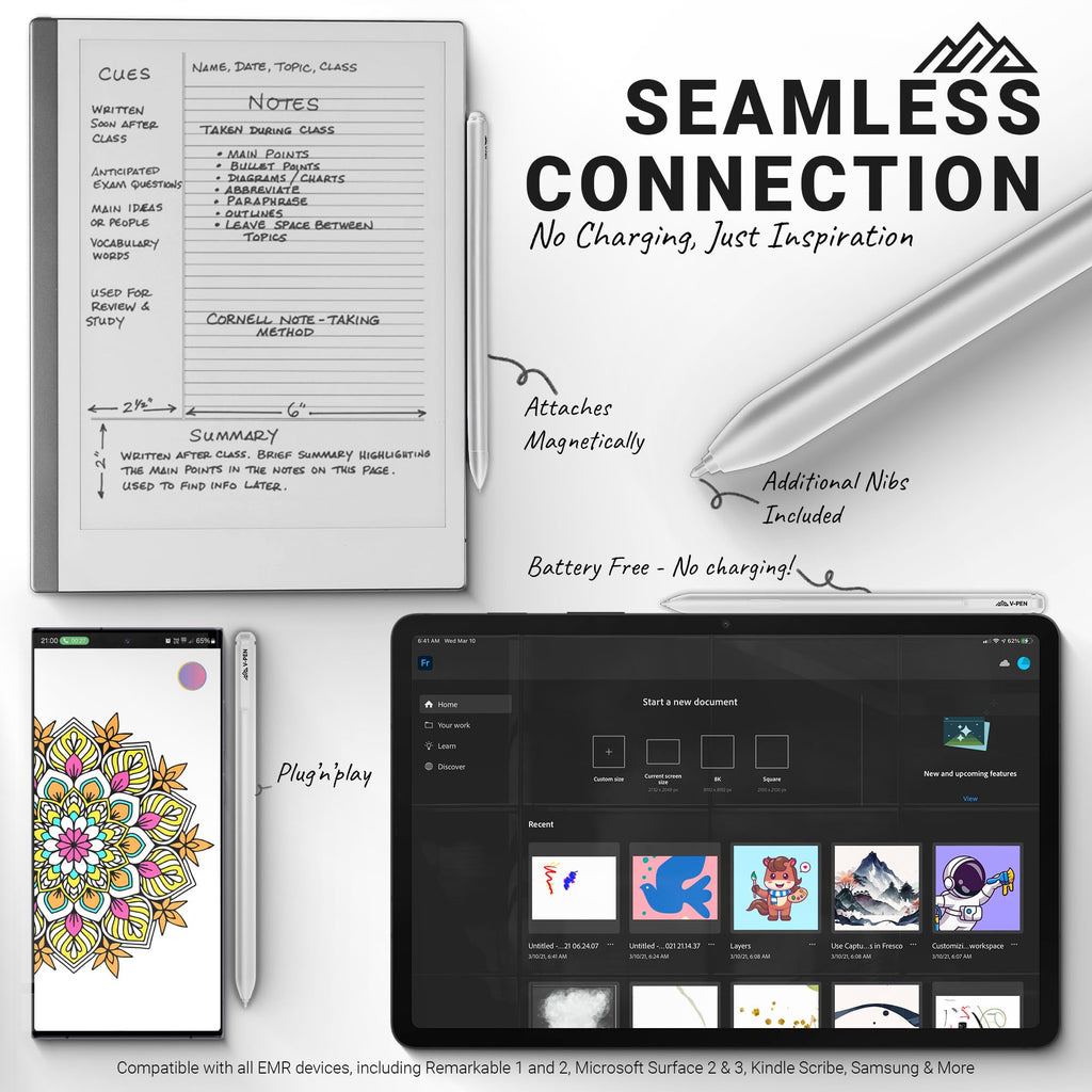 V-Pen EMR Stylus Remarkable 2 Pen Replacement with Digital Eraser + 5 Tips | 4096 Pressure Level Sensitivity & Palm Rejection | Digital Pen Marker Plus Compatible Kindle Scribe & Tablet Pen | White