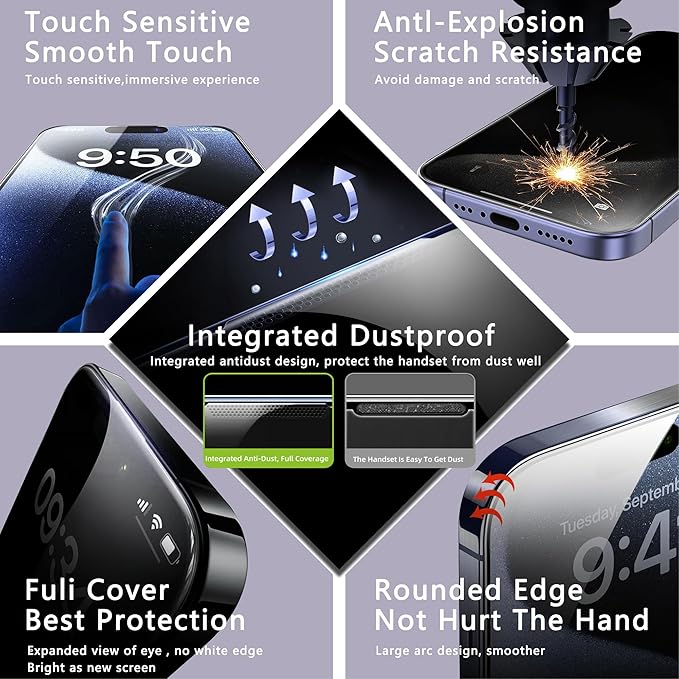 2 Pack Screen Protector for iPhone X/iPhone XS/iPhone 11 Pro, 9H Tempered Glass, Full Coverage, Anti-Fingerprint, Auto Dust-Elimination, No Bubble, Easy Installation