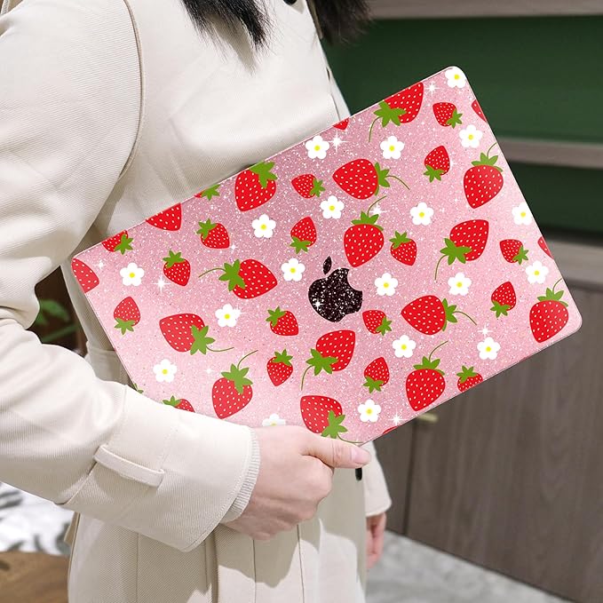 MEEgoodo Case for MacBook Air M4/M3/M2 13.6 inch 2025 2024 2022, Fit Model A3240 A3113 A2681, Compatible with MacBook Air 13 inch, Laptop Hard Shell Case with Keyboard Cover, Strawberries & Flowers