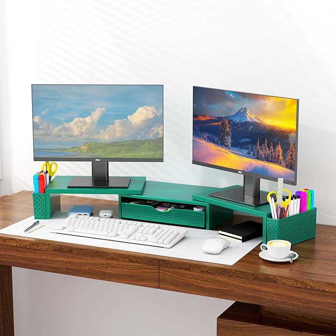 Spacrea Metal Desk Organizers and Accessories, Dual Monitor Stand Riser with Drawer and 2 Pen Holders, Desk Accessories & Workspace Desktop Organizers for Office Supplies (Dark Gree)