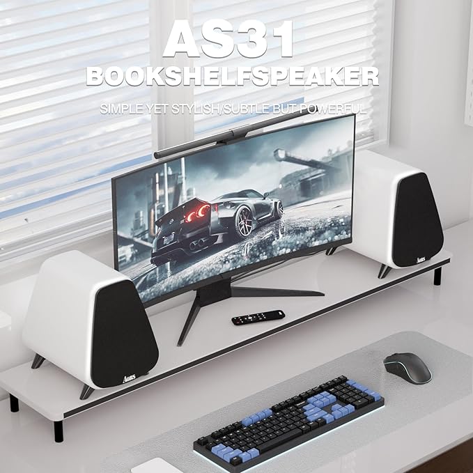 AS31 Active Bookshelf Speakers Bluetooth 5.3, 2-Way Stereo PC Desktop 80W RMS/3-inch Bass/Midrange/RCA and Fiber Optic Inputs, Wooden Compact High-Power Speakers - Matte Skin White