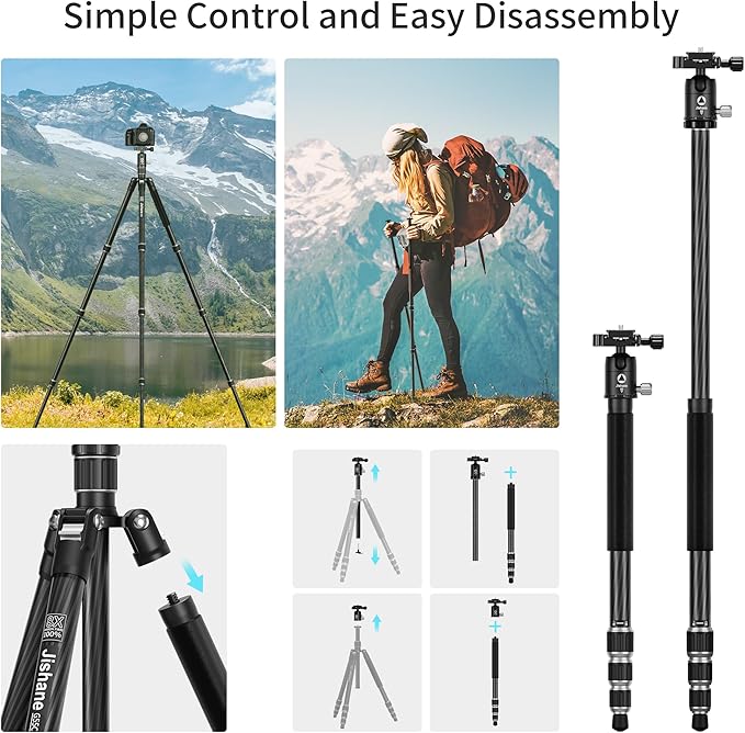 Jishane Carbon Fiber Camera Tripod, 62" Professional Video Tripod for Camera with 360° Ball Head, 1/4" Arca QR Plate, Compact Lightweight Travel Monopod for DSLR/Smartphone, Max Load 17.6 lbs/8kg
