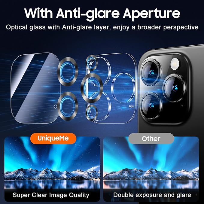 UniqueMe for 3 Pack iPhone 16 Pro/iPhone 16 Pro Max Camera Lens Protector - [Drop Protection] [Case Friendly] 9H Tempered Glass Camera Cover Screen [Update New Version] - Matte Black