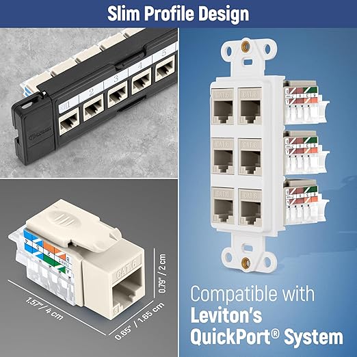 Everest 45° Angled RJ45 Cat6 Keystone Jacks 10-Pack in Light Almond - Slim Profile Female RJ45 Connectors - Cat 6 Keystone Jack - Compatible with 45° Angled Speed Termination Tool - 45Term