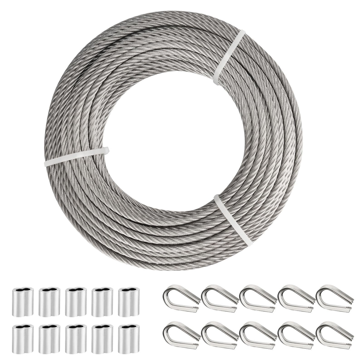 TooTaci 3/16" Stainless Steel Cable, 100ft Wire Rope with Aluminum Crimping Sleeve&Thimbles, 7x19 Strands, 3700lbs Breaking Strength Heavy Duty Aircraft Cable for Zipline, Deck Railing, Shade Sail