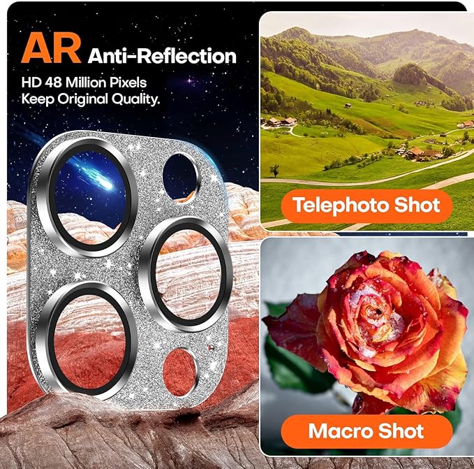 Camera Lens Protector for iPhone 16 Pro Max/16 Pro/15 Pro Max/15 Pro/14 Pro Max/14 Pro, Aluminum Alloy Sapphire Glass Camera Screen Cover, Case Friendly- Glitter White