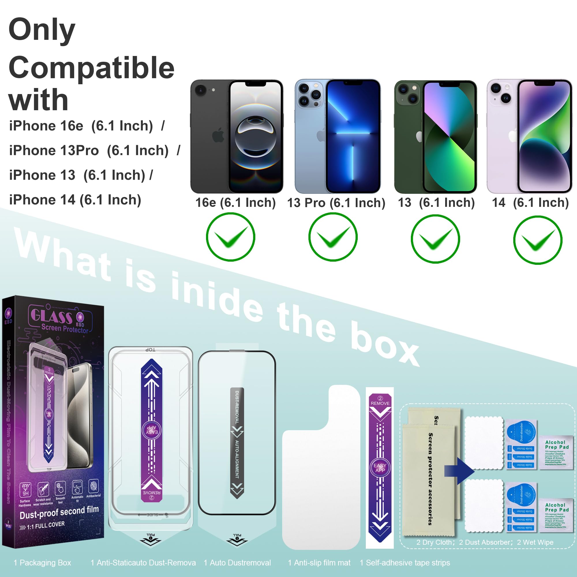 2 Pack Screen Protector Tempered Glass for iPhone 16e /14 /13/13 Pro