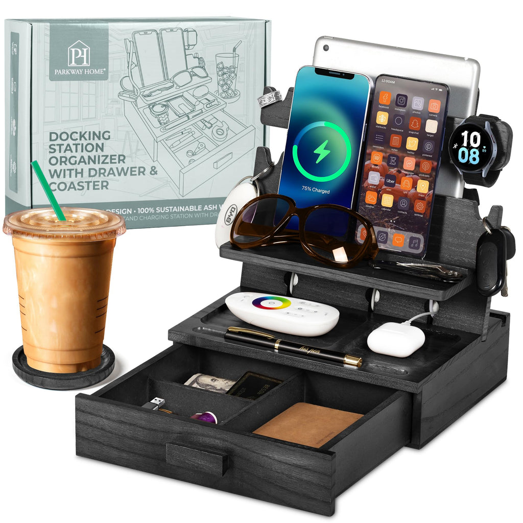 Black Wood Phone Docking Station for up to 3 Phones, Samsung Galaxy Watch Compatible Nightstand Organizer with Drawer for Valuables for Men & Women, Holds Phones, Tablets, Keys, Rings, Glasses, EDC
