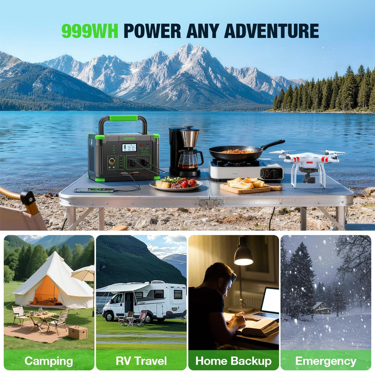Portable Power Station 1000W (Peak 2000W) for Home Backup & Off-Grid