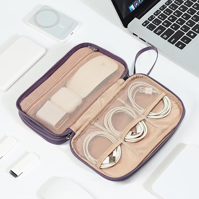 NISHEL Travel Cord Organizer Case, Double Layers Tech Electronic Bag, Essentials for Charger, Cable, Phone, Flash drive, Purple