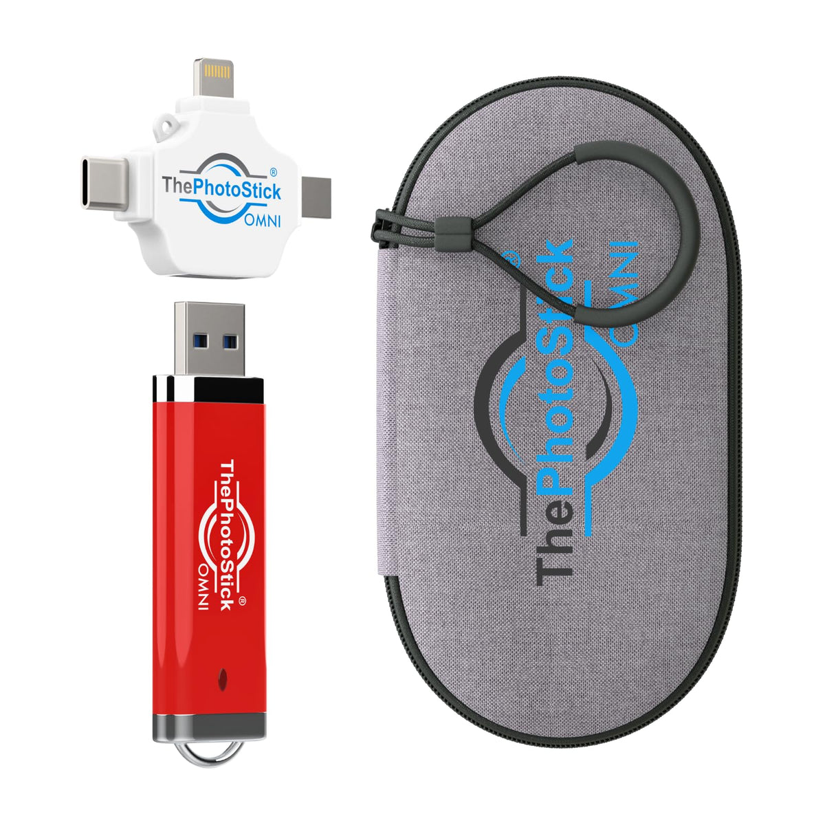 ThePhotoStick® Omni 256GB Photo Backup for iPhone, Android + Portable Case