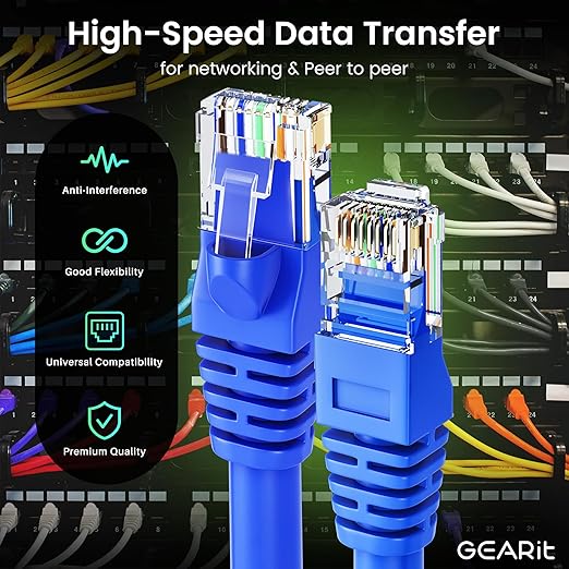 GEARit Cat 6 Ethernet Cable Pack - 5-Pack 20 ft Cat6 Ethernet Patch Cables | RJ45 Network Patch Cable, 10 Gbps Snagless Gold-Plated Connectors - Ethernet Cable Cat 6 for PC, TV, Router - Blue