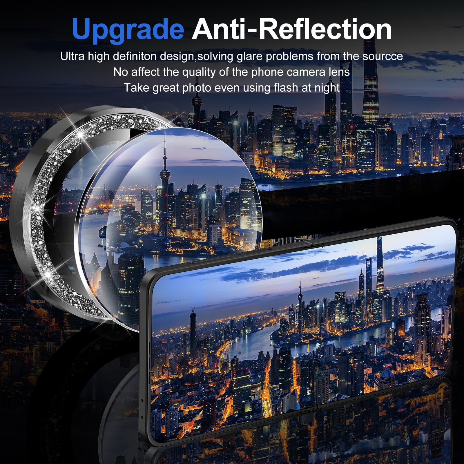 Avocase for Samsung Galaxy Z Flip 7 Camera Lens Protector, Individual Metal Ring Tempered Glass Lens Cover, [Strong Adsorption] Scratch Resistant Ultra-Thin HD Clear Lens Cover, 1 Set-Black Sparkly