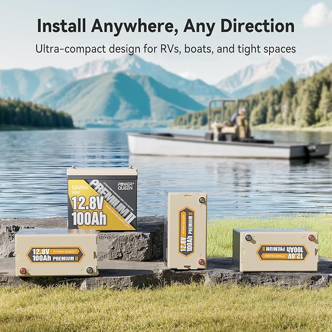 Power Queen MINI LiFePO4 Lithium Battery with 14.6V 20A Battery Charger, 12V 100Ah Battery with Built-in 100A BMS, 1280Wh Energy, Up to 15000 Cycles, 10-Year Lifespan for Backup Power, RV, Camping