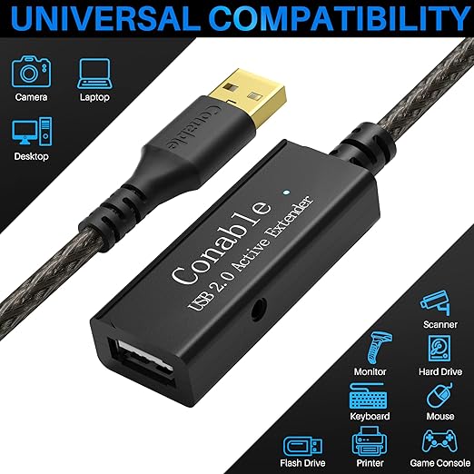 Active USB Extension Cable 75 Feet, USB 2.0 A Male to Female Repeater Cord, with 2 Extension Chipsets Signal Booster, 22AWG Tinned Pure Copper, (AC Power Supply Included)