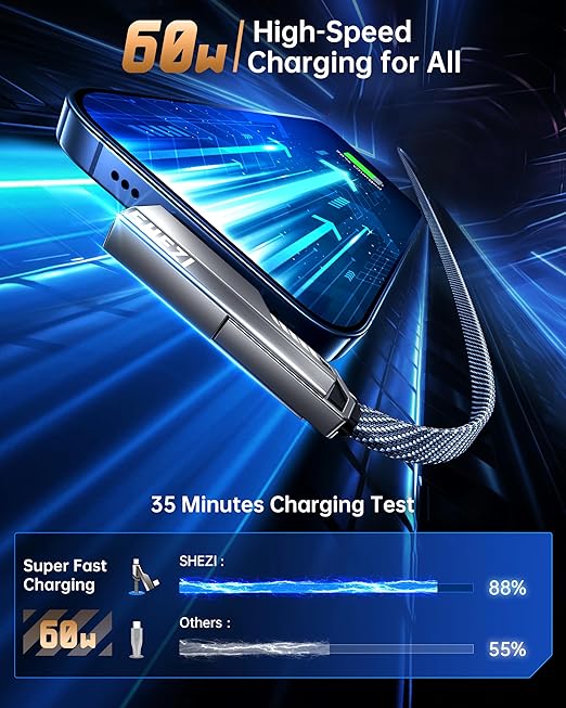 4-in-1 Long USB C Cable 10FT Compatible with Lightning Cable 90 Degree Fast Charging Flat Nylon Braided for iPhone/iPad Charger Cord Multi Charge Cord with L/USB C/USB A Ports, Grey