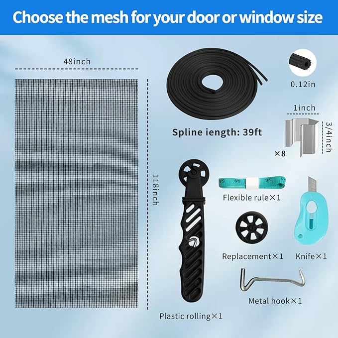 Window Screen Repair Kit, 48"x118" Screen Door Mesh Replacement Kit, Durable Fiberglass Black Window Screen kit with Tools, Rolling, Hook, Spline, Clips for Windows Doors Patio and Porch