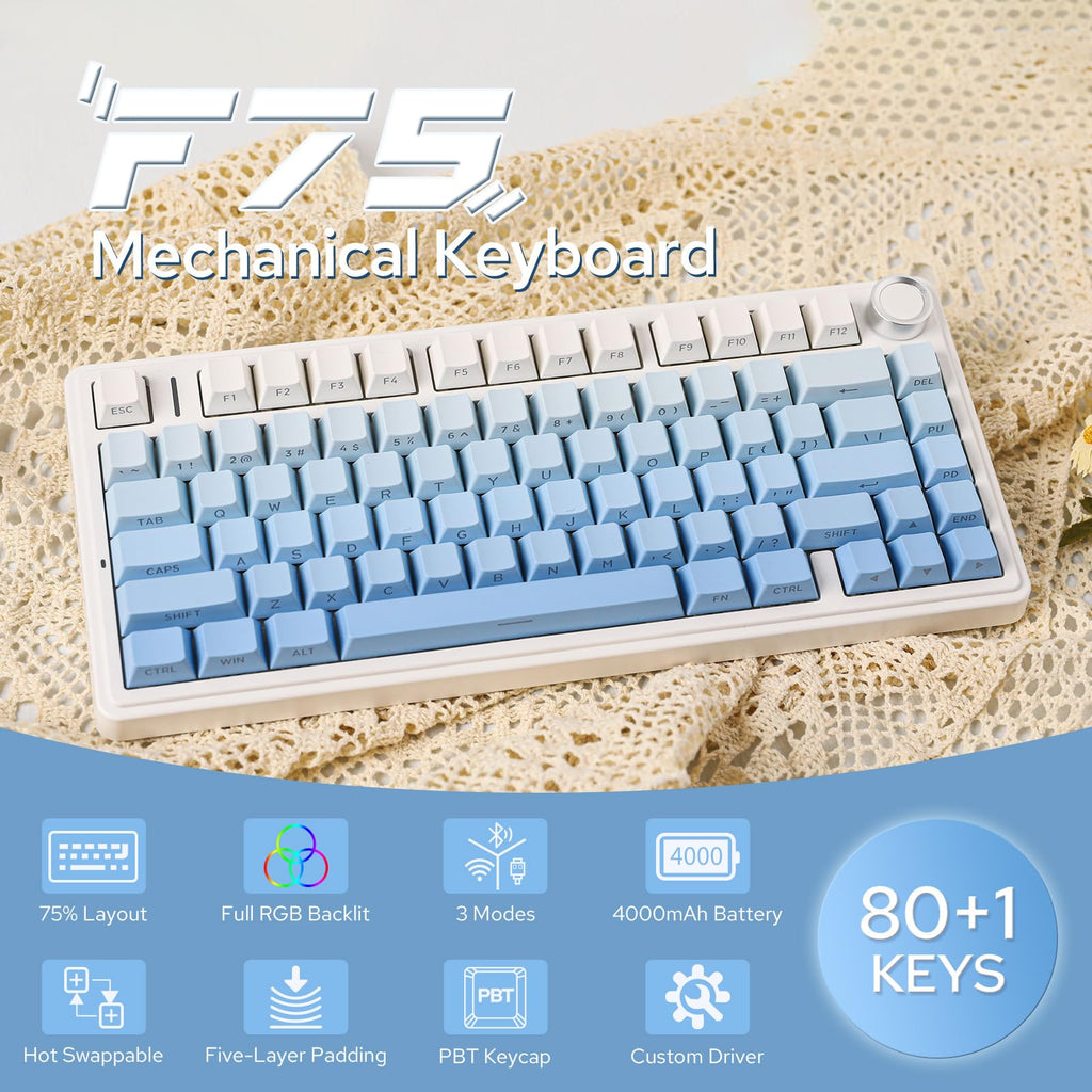EPOMAKER x Aula F75 Gasket Mechanical Keyboard, 75% Wireless Hot Swappable Gaming Keyboard with Five-Layer Padding&Knob, BT/2.4GHz/USB-C, RGB (Blue Gradient, LEOBOG Reaper Switch)