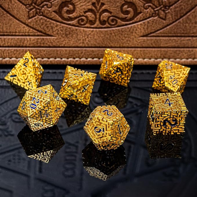 Golden Metal Hollow DND Dice Set (Paladin) Metallic Luster Maze Design with Storage Box - Balanced Weight 7 Piece Zinc Alloy, Designed for Dungeons and Dragons DM Player RPG Accessories