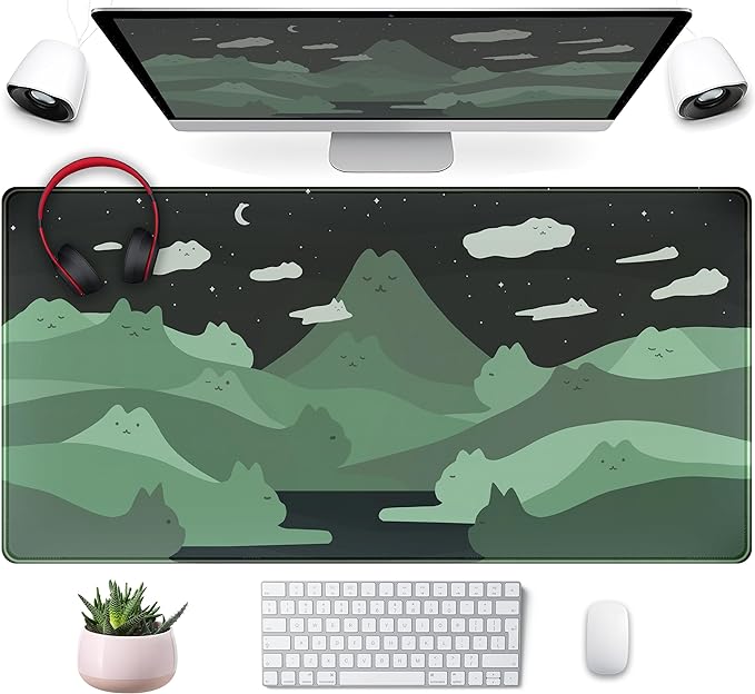 Anime Green Cats Mouse Pad Desk Pad Kawaii Cartoon Cat Desk Mat Cute, XXL Large Laptop Gaming Mousepad Keyboard Mouse Mat, Office Desk Decor matt for Women with Stitched Eges Pad, 31.5x15.75 in